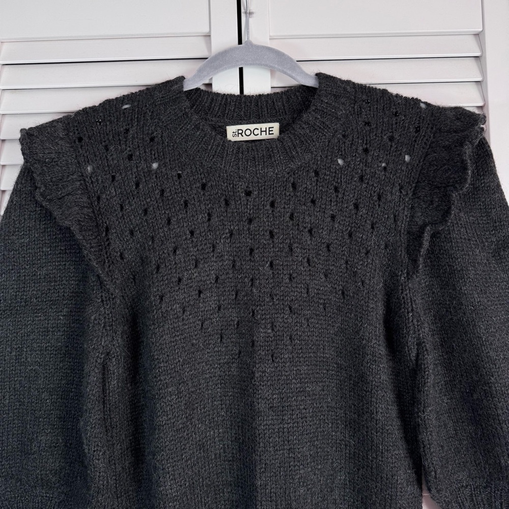 St. Roche Alpaca Ruffle Pointelle Sweater Charcoal 3/4 Balloon Sleeves Medium - Picture 4 of 9